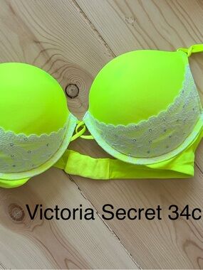 Victoria's Secret Neon Yellow Lace-Trim Push-Up Bra with Rhinestones